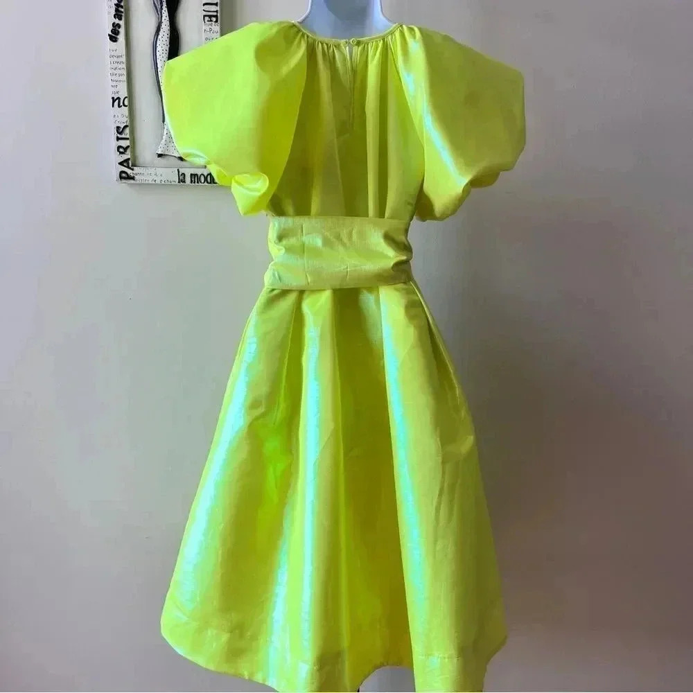 NEW Christopher John Rogers Target Neon Yellow Iridescent Belted Midi Dress XXS - Picture 6 of 15